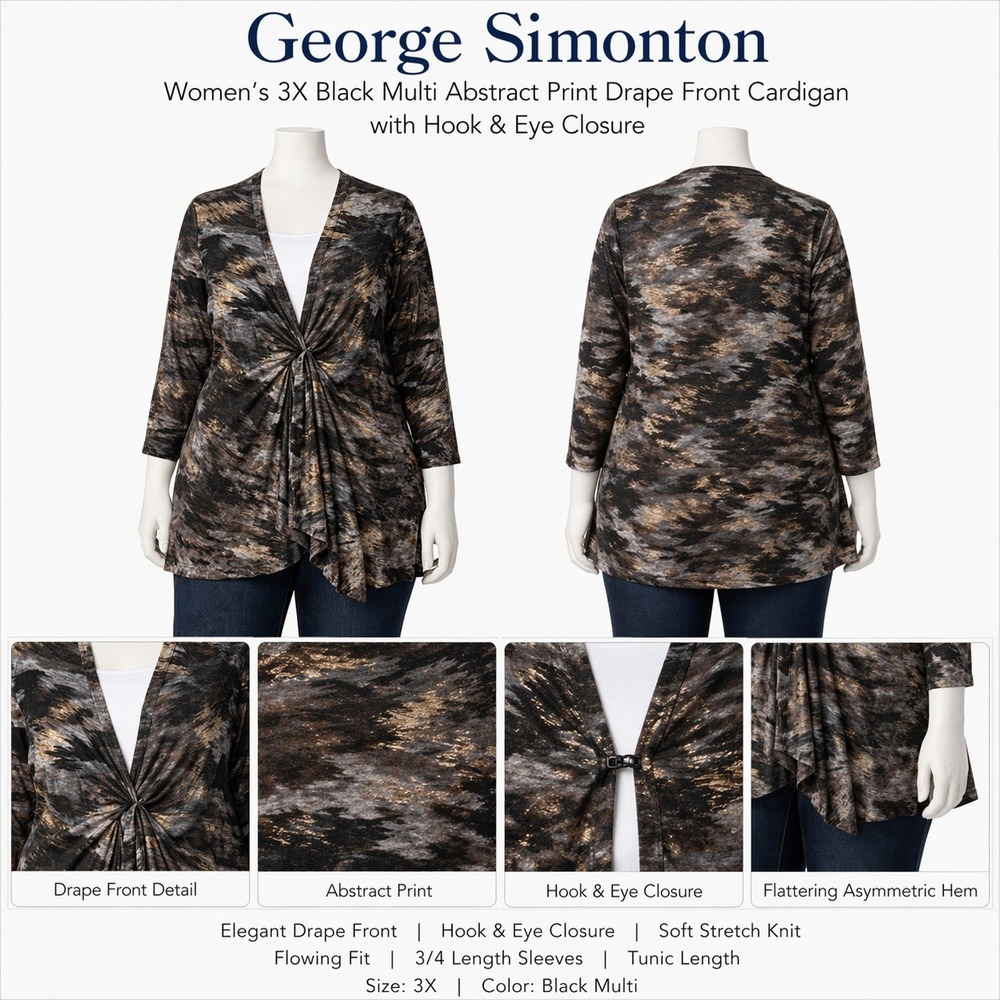 George Simonton Womens 3X Black Multi Abstract Print Drape Front Cardigan A23032